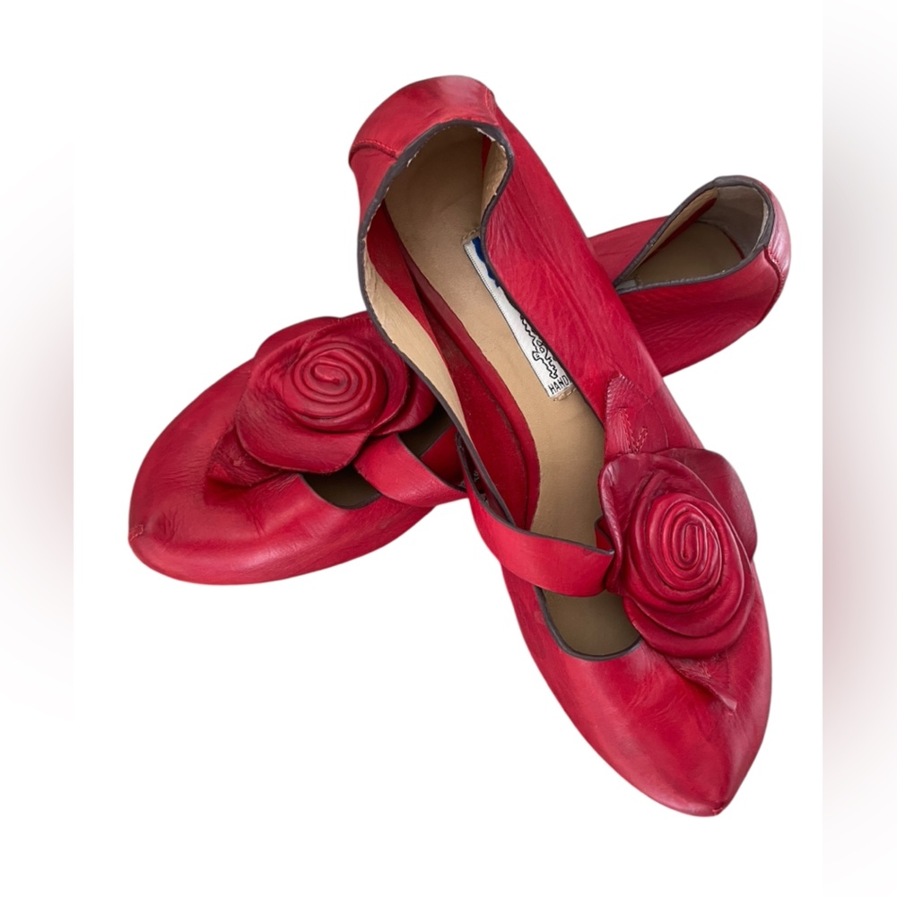 Handmade Designer Red Shoes with Floral Detail